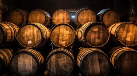 Oak barrels for beer fermentation in breweries. generative aiの素材