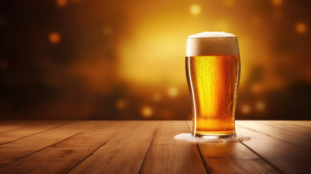 Fresh cold beer on wooden floor on gold background . Generative AIの素材