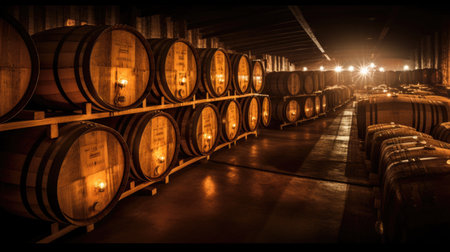 Oak barrels for beer fermentation in breweries. generative aiの素材