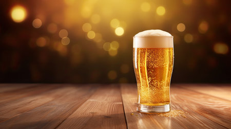 Fresh cold beer on wooden floor on gold background . Generative AIの素材