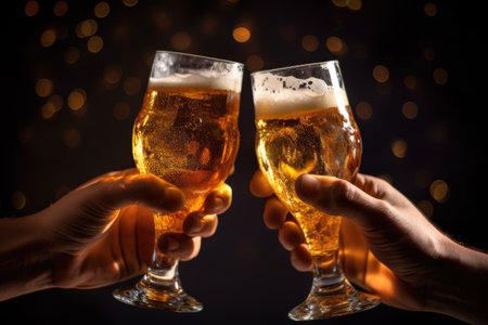 Close-up hands of holding beer glasses and beer bubbles. Cheers. Generative aiの素材