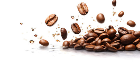 Coffee beans in flight on white background. Generative aiの素材