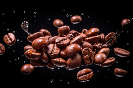 Close-up of Flying coffee beans on dark background. Generative aiの素材