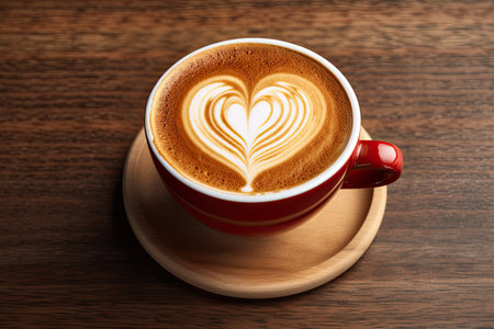 Cup of coffee latte with heart shape and coffee beans on old wooden background. Generative aiの素材