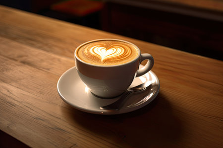 Cup of coffee latte with heart shape and coffee beans on old wooden background. Generative aiの素材