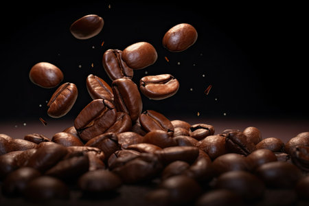 Close-up of Flying coffee beans on dark background. Generative aiの素材