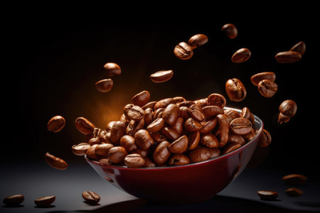 Close-up of Flying coffee beans on dark background. Generative aiの素材