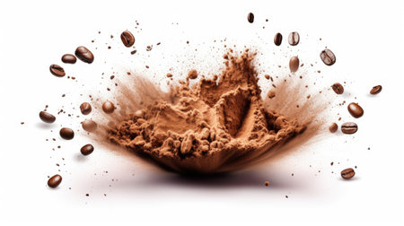 Coffee beans in flight on white background. Generative aiの素材