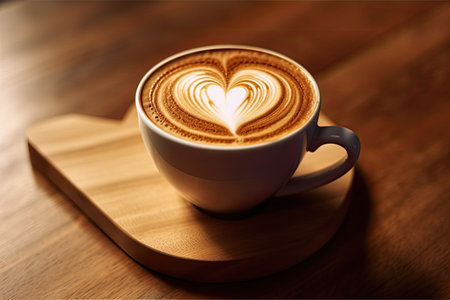Coffee cup with heart shape latte art on wood tab. Generative aiの素材