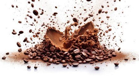 Coffee beans in flight on white background. Generative aiの素材