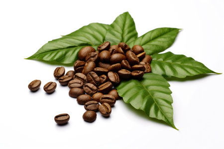 Shiny fresh roasted coffee beans with leaves isolated on white background. Generative aiの素材
