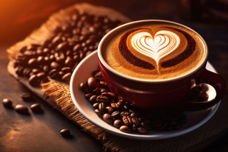 Cup of coffee latte with heart shape and coffee beans on old wooden background. Generative aiの素材