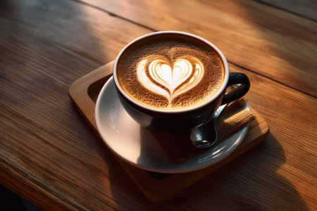 Coffee cup with heart shape latte art on wood tab. Generative aiの素材