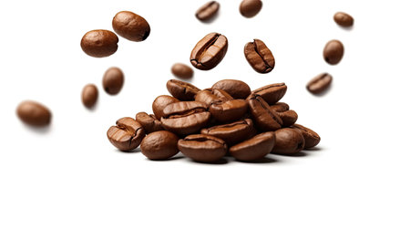 Coffee beans in flight on white background. Generative aiの素材