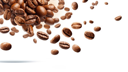 Coffee beans in flight on white background. Generative aiの素材
