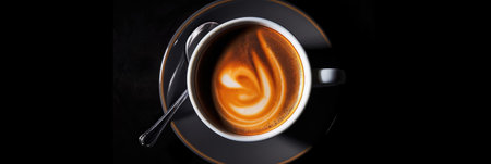 Top view, Cup of coffee on black background. Generative aiの素材