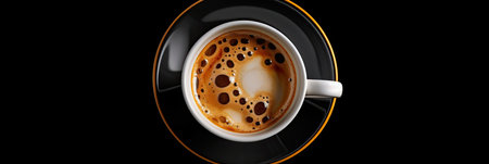 Top view, Cup of coffee on black background. Generative aiの素材