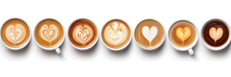 Top view, coffee cup assortment with heart sign top view collection isolated isolated on white background. Generative aiの素材