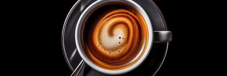 Top view, Cup of coffee on black background. Generative aiの素材