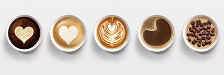 Top view, coffee cup assortment with heart sign top view collection isolated isolated on white background. Generative aiの素材