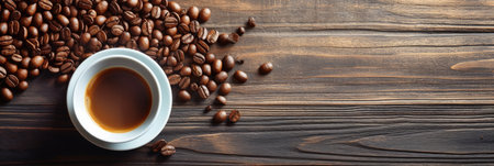 Top view, Coffee cup and beans on old kitchen table. Copyspace for your text. Generative aiの素材