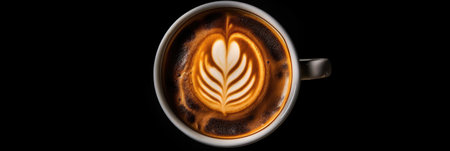 Top view, Cup of coffee on black background. Generative aiの素材