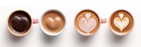 Top view, coffee cup assortment with heart sign top view collection isolated isolated on white background. Generative aiの素材