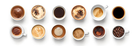 Top view, Set of paper take away cups of different black coffee isolated on white background. Generative aiの素材