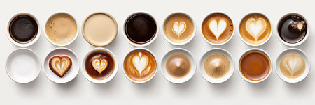 Top view, coffee cup assortment with heart sign top view collection isolated isolated on white background. Generative aiの素材