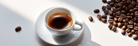 Top view, hot espresso and coffee bean on white background. Generative aiの素材