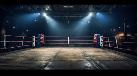 A modern boxing ring was empty with spotlights lit up. Generative Aiの素材