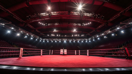 A modern boxing ring was empty with spotlights lit up. Generative Aiの素材