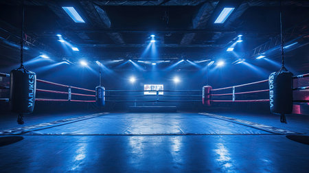 A modern boxing ring was empty with spotlights lit up. Generative Aiの素材