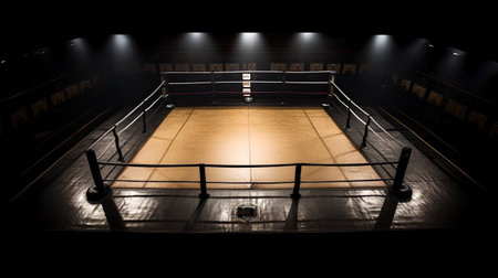 A modern boxing ring was empty with spotlights lit up. Generative Aiの素材
