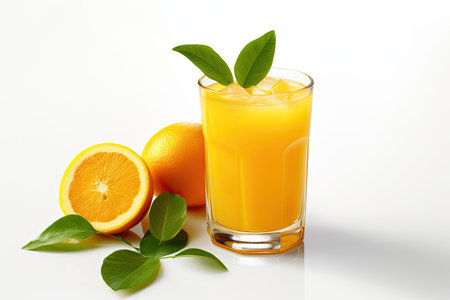 Glass of 100% Orange juice with green leaves isolated on white background. Fresh Orange Generative aiの素材