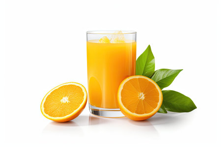 Glass of 100% Orange juice with green leaves isolated on white background. Fresh Orange Generative aiの素材