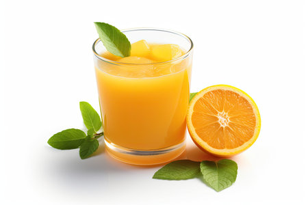 Glass of 100% Orange juice with green leaves isolated on white background. Fresh Orange Generative aiの素材