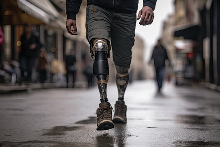Close-up of Disabled young man with prosthetic leg walking on street. Generetive Aiの素材