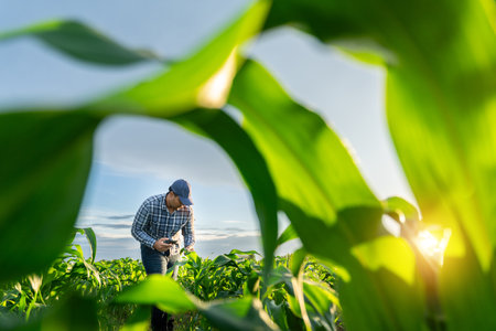 Agriculture or Farmer with mobile phone in growing green corn fields.の写真素材