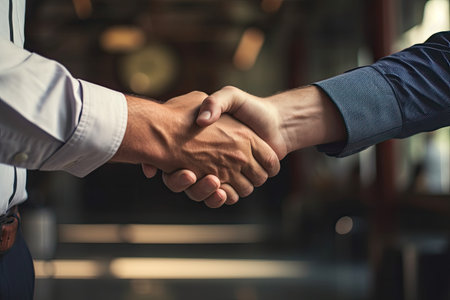 Close-up hand of business partners shaking hands, Celebrating business success. Generative Aiの素材