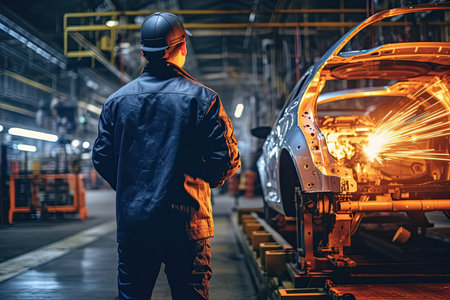 An Engineer use tablet for working at Automotive production line. Car Assembly plant. Generative Aiの素材