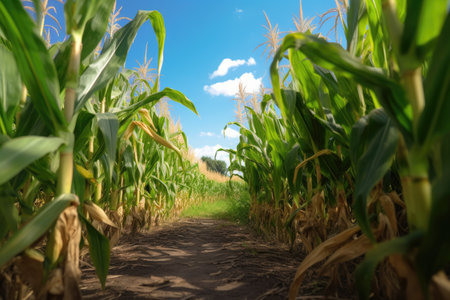 Agriculture, Growing sweetcorn in field. Generative Aiの素材