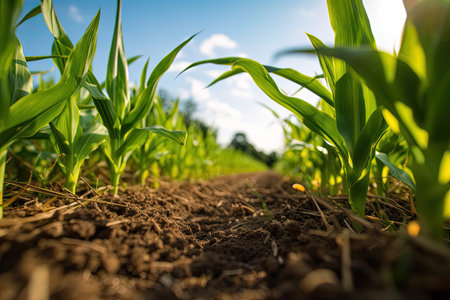Agriculture, Growing sweetcorn in field. Generative Aiの素材