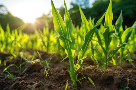 Agriculture, Growing sweetcorn in field. Generative Aiの素材