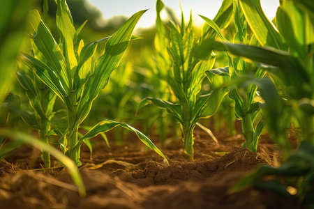 Agriculture, Growing sweetcorn in field. Generative Aiの素材