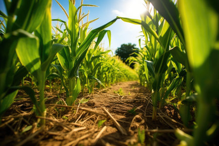 Agriculture, Growing sweetcorn in field. Generative Aiの素材