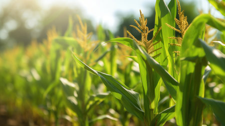 Agriculture, Growing sweetcorn in field. Generative Aiの素材