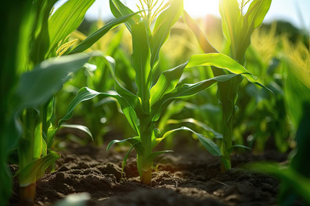 Agriculture, Growing sweetcorn in field. Generative Aiの素材