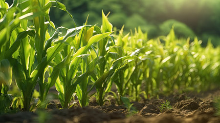 Agriculture, Growing sweetcorn in field. Generative Aiの素材