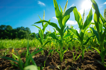 Agriculture, Growing sweetcorn in field. Generative Aiの素材